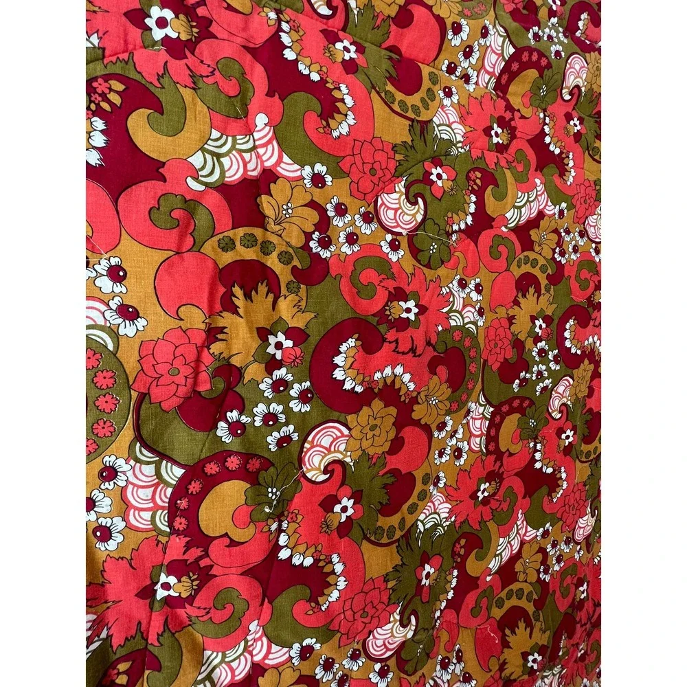 70s Red Orange Floral Bedspread Twin or Full Retro 70s Psychedelic Garden Cotton - Picture 8 of 8
